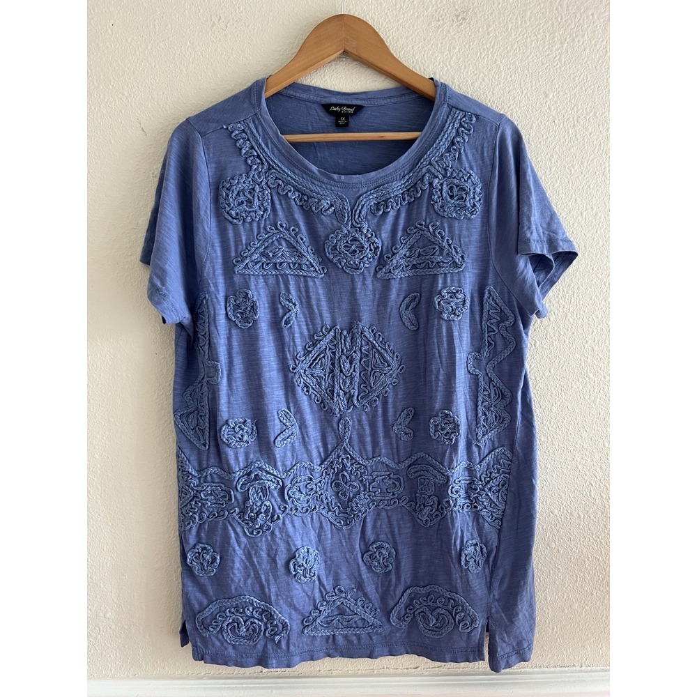 Lucky Brand Blue Embroidered Top Women's 1X Boho Artsy Casual Summer